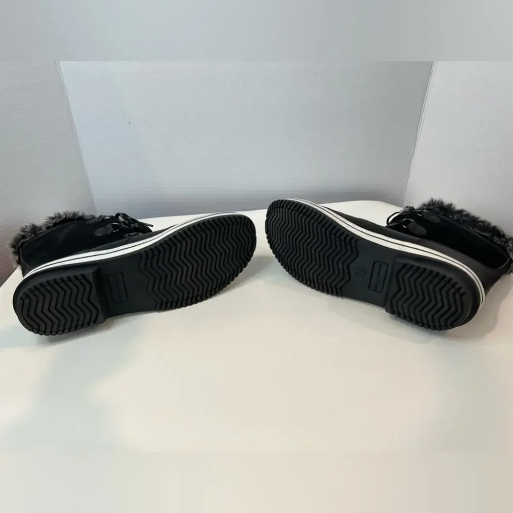 NEW Amazon Essentials Mid‎ Calf Snow Winter Black White Faux Fur Trim Boots 11